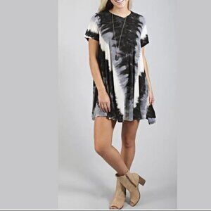 Show Me Your Mumu Mellow Gant Flow Tunic Mini Tie Dye Dress Black Gray Cream